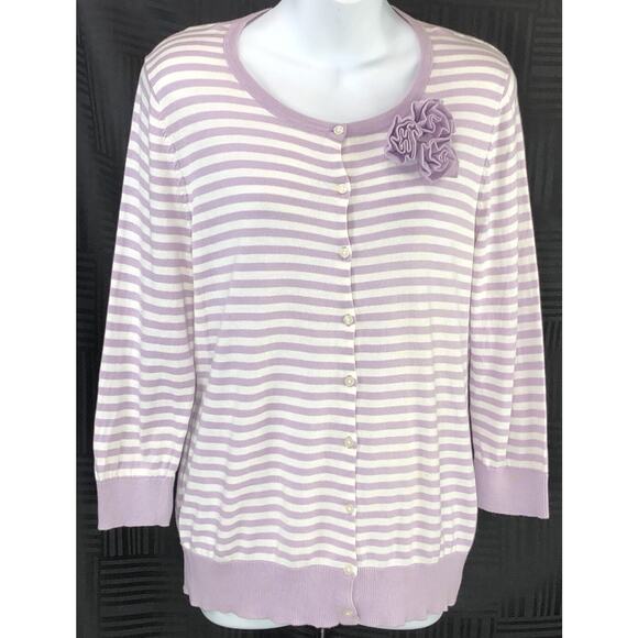 Vintage Knit Cardigan Sweater L Purple Stripe 3/4 Sleeve Crochet Flowers 90s Y2K - Picture 5 of 5